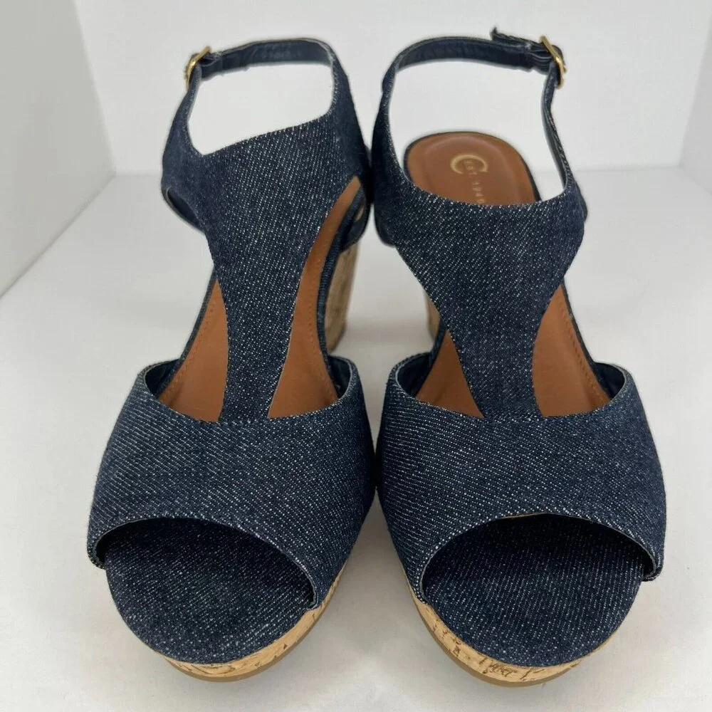 C Est. 1946 Womens 42621128 Blue Adjustable Denim Wedge Size 9W Strappy Sandals